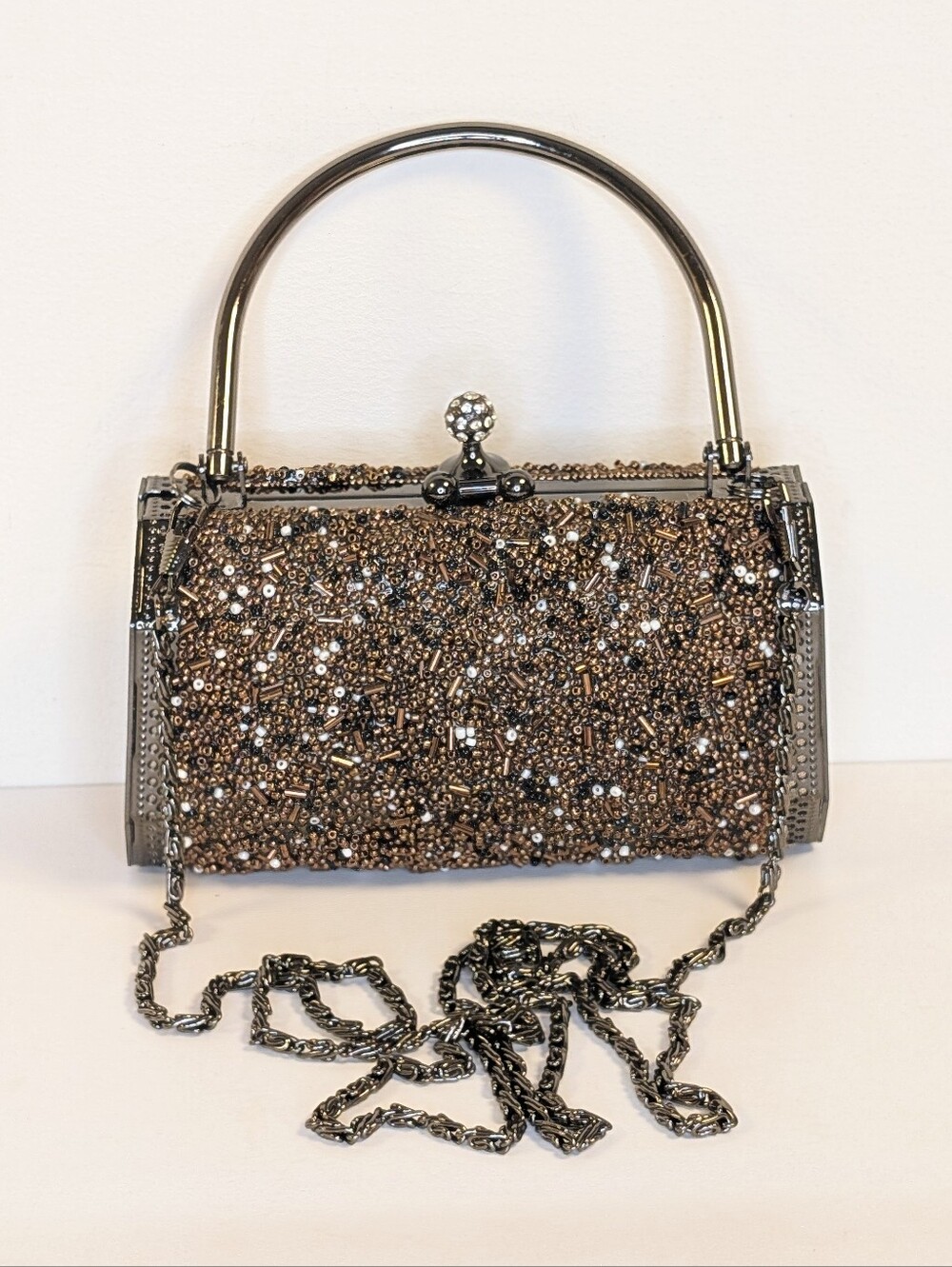 Bronze Beaded Box Clutch Mini Evening Bag Gunmetal Chain